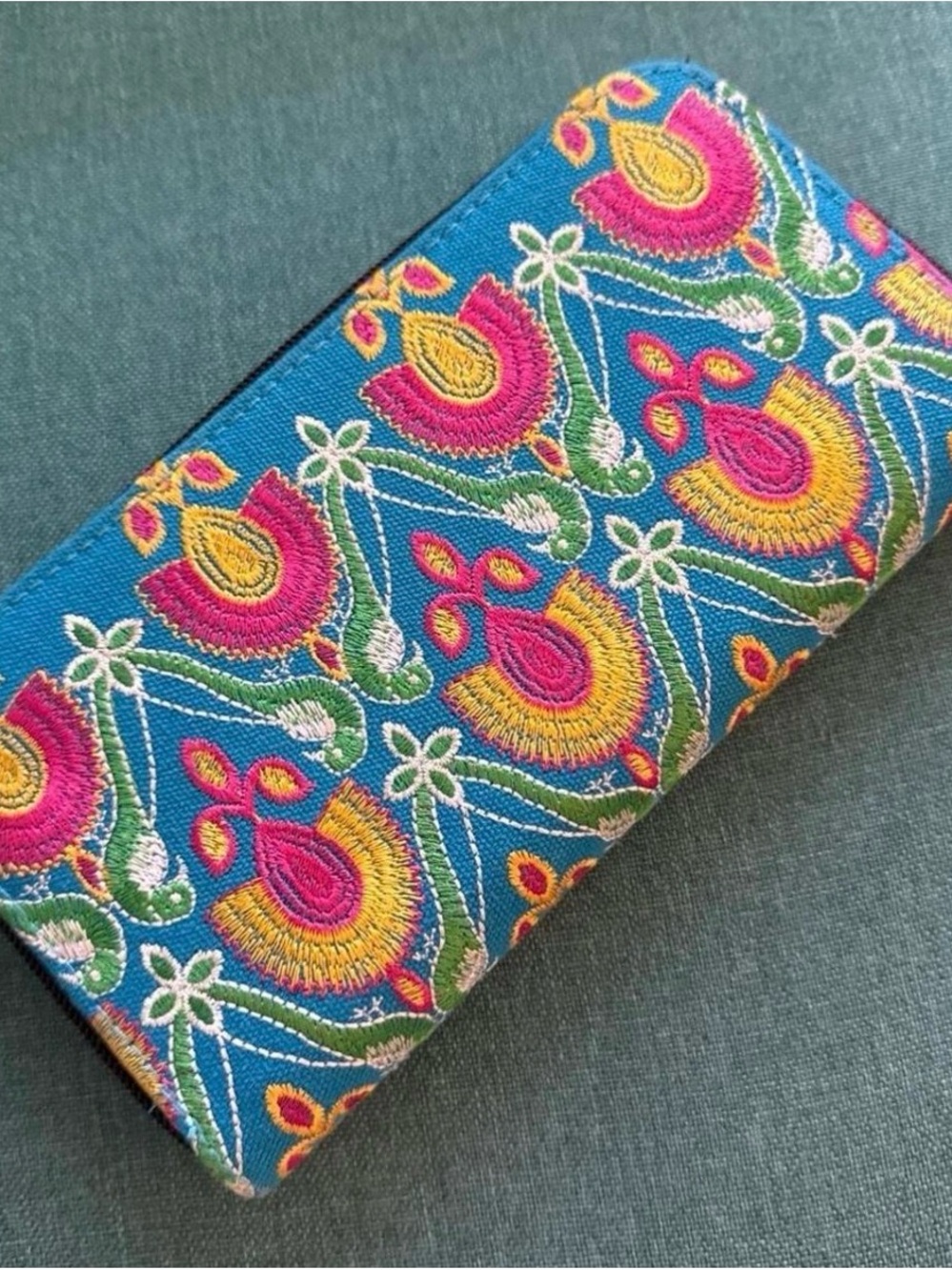 Embroidered Floral Long Wallet - Blue